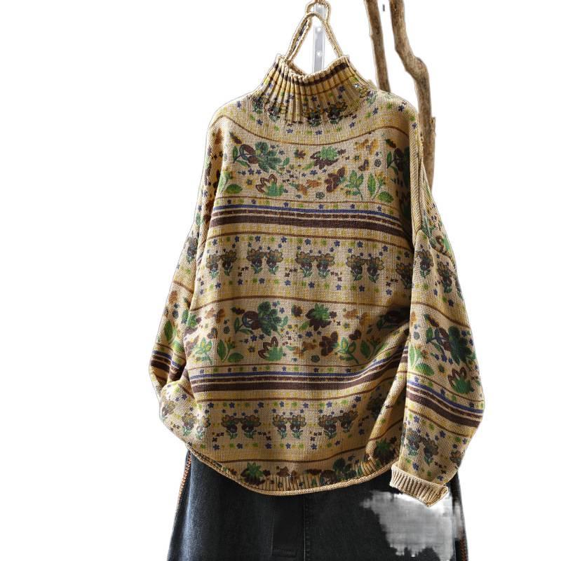 Women's Retro Style Printed Knit Sweater with Half-High Neck