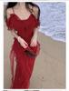 French Retro Red Spaghetti Strap Ruffle Dress - Women's Summer Beach Vacation Elegance