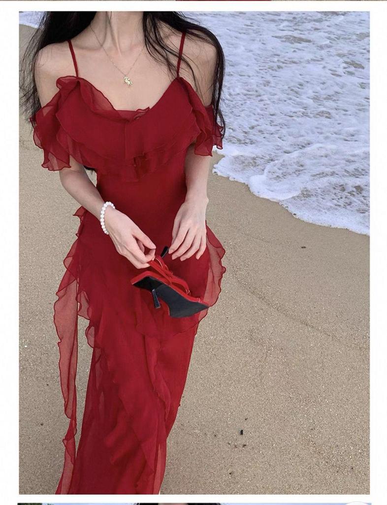 French Retro Red Spaghetti Strap Ruffle Dress - Women's Summer Beach Vacation Elegance