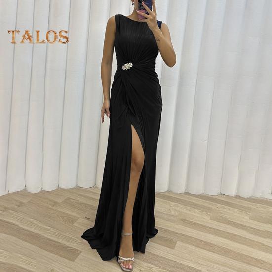 Abendkleid für Damen, plissiert, Schlitzsaum, bodenlang, einfarbig, Strass-Dekor, ärmellos, Rundhalsausschnitt, hohe Taille, Strass-Dekor, Abschlussball, Cocktailparty