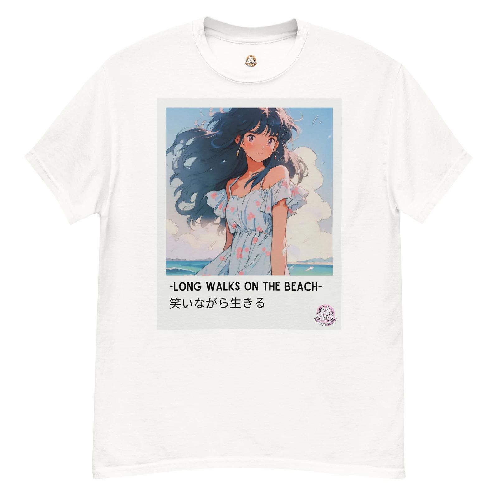 Live With Laughter Novelty Graphic Anime T-Shirt - Walks On The Beach (White) M