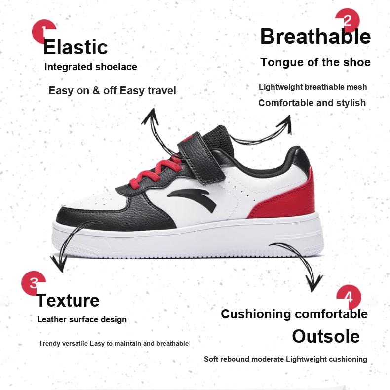 Anta Fashionable Comfortable Durable Lightweight Shock Absorbing Non-Slip Low-Top Kids Skate Shoes Kids Sneakers White Black Red A12448088-3