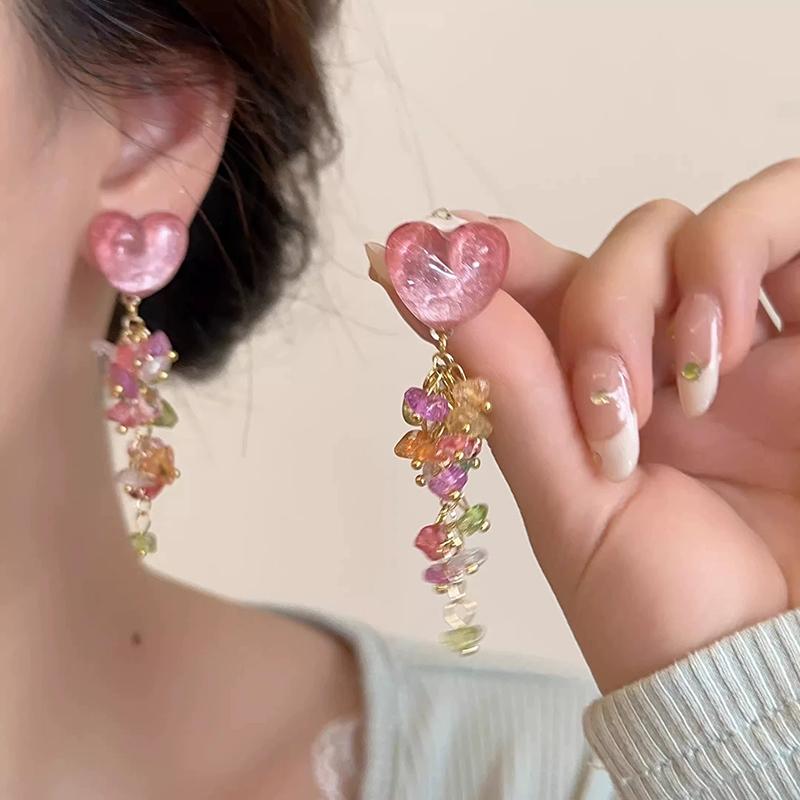 Heart Shaped Crystal Tassel Earrings Colorful Crushed Stones Cute Sweet Trendy Design Earrings Women New Jewelry Gifts