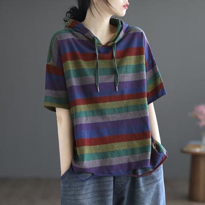 Retro Striped Short-sleeved T-shirt for Women Summer Loose Large Size Hooded Sweatshirt for Women
