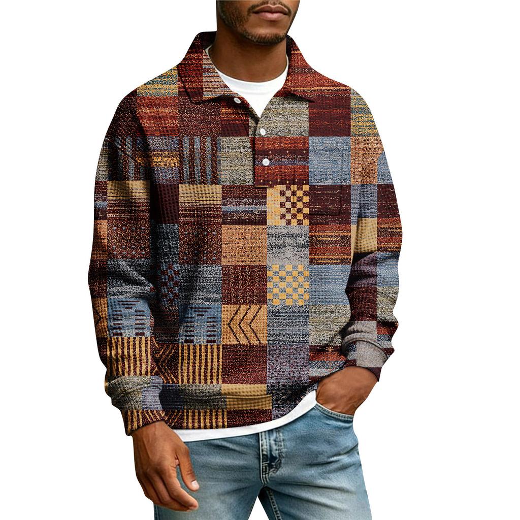 Herrars Revers Tryckt Enkelknäppt Ficka Långärmad Ledig Sport T-shirt