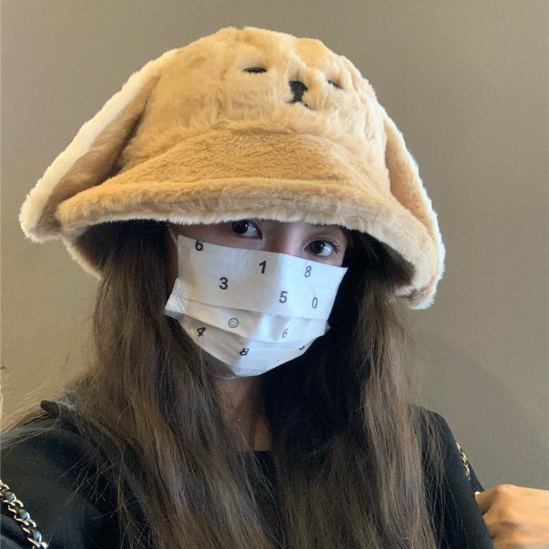 

Puppy ears fisherman hat autumn and winter plush bucket hat cute washbasin hat thermal hat student M（56-58cm）