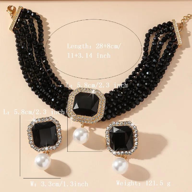 Vintage Multilayer Green Red Blue Black Crystal Necklace Geometric Square Zircon Earrings For Women Weddings Banquet Zircon Sets