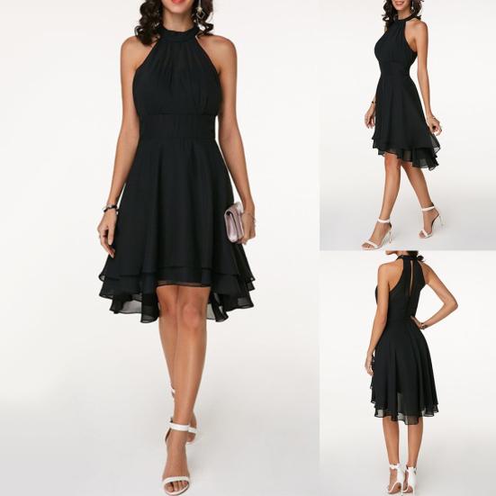 Lady Petticoats Plus Size Women Elegant Solid Color Soft Halter Sleeveless Asymmetric Hem One Piece Dress