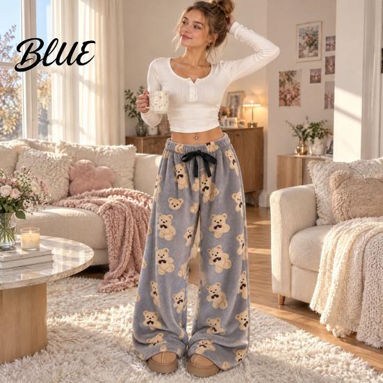 Bear Print Pajamas Women Plush Sleeping Pants Wide Leg Pajama Bottoms Pants Thickened Warm Lounge for Autumn Winter Home Wear Bottoms