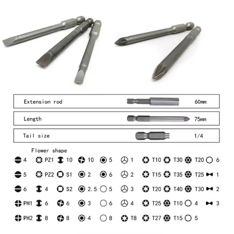 50pcs screwdriver head set, safety screwdriver position Torx Star hexagonal position 50 75mm extralong reach socket group