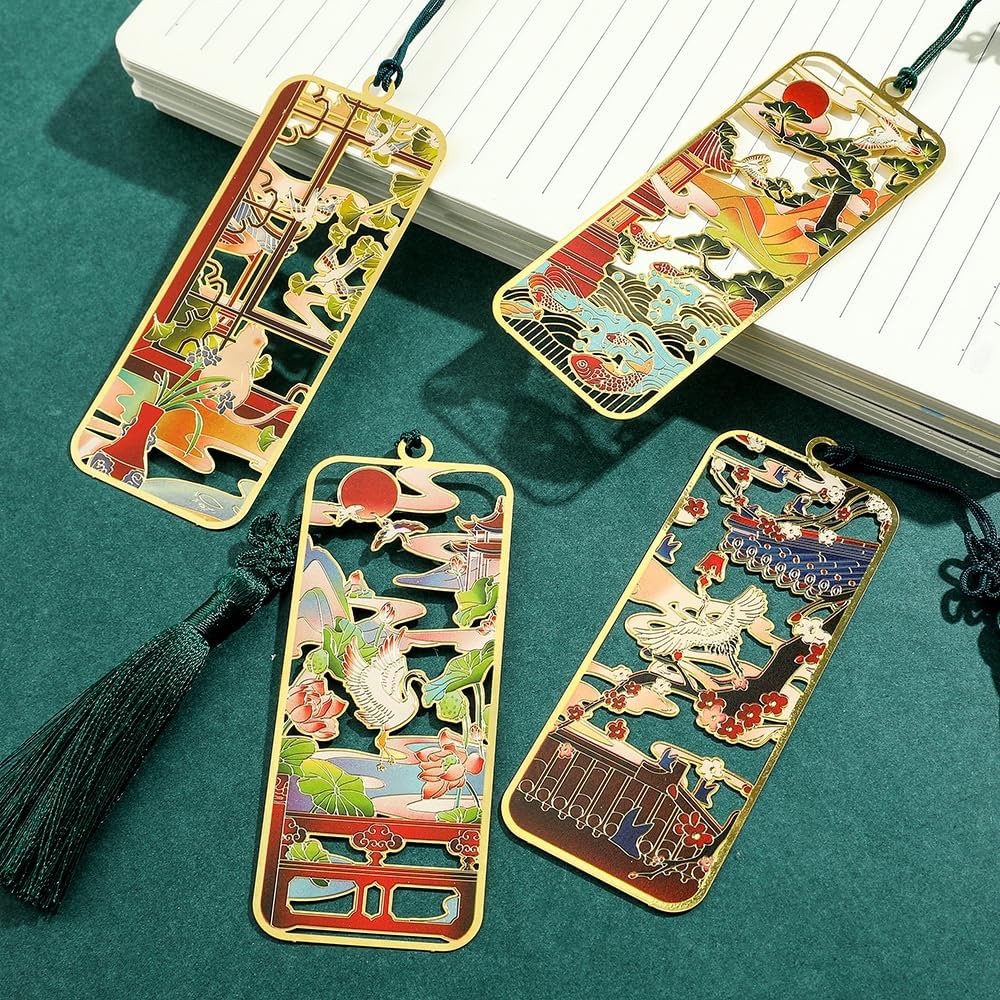 Ancient Chinese Palace Art Bookmarks, Cat Carp Flying Crane Lotus Bookmarks with Tassels, Boxed Gifts for Book Lovers Collection