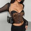 Top Corto Sexy da Donna con Stampa Leopardata, Finto Due Pezzi, Scollo a V, Maniche Lunghe, Aderente