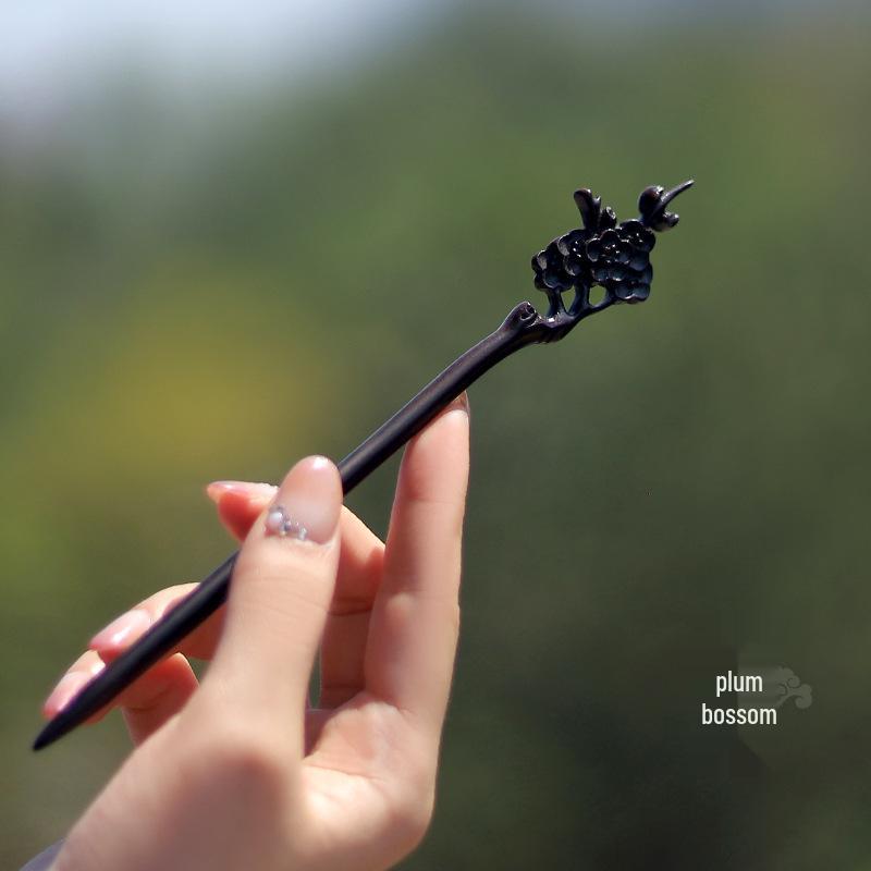 High-End Natural Ebony Wood Hairpin - Extended Chinese Ancient Style Black Hair Bun Accessory