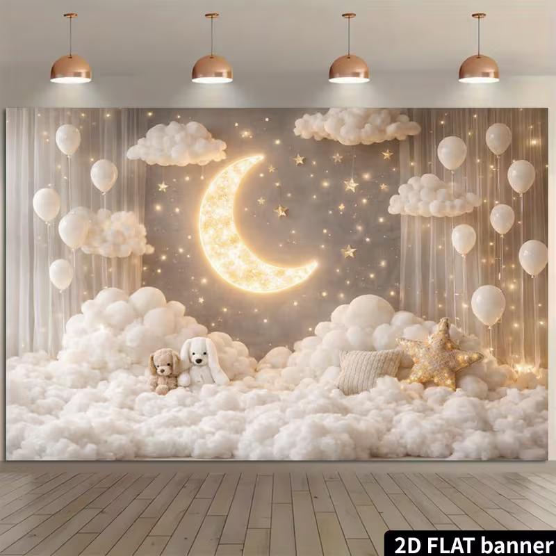 2D Moon and Stars Baby Shower Backdrop Clouds Teddy Bear Photography Background 47.2x31.5inch/120*80cm