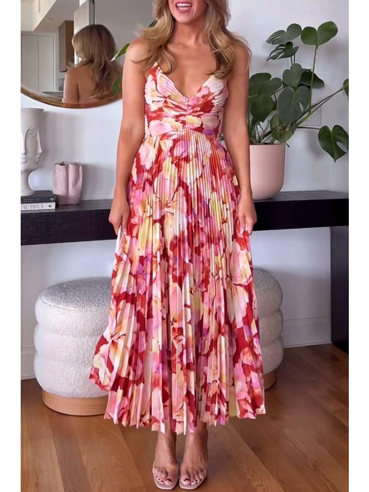 

Women s V Neck Spaghetti Strap Printed Maxi Dress Pleated Summer Beach Dress Multiple Colors XL brick червоний колір