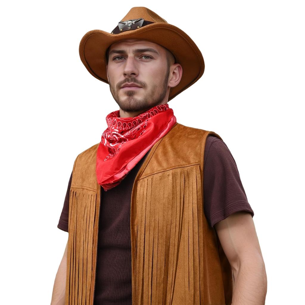 Men's Costume Set with Fringed Vest Hat Belt Bandana 6-Piece Outfit for Halloween Party