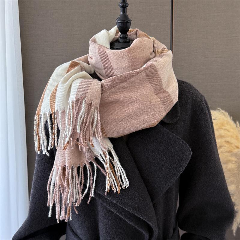 Korean Version of Aesthetic Plaid Autumn and Winter Warm and Cold Scarf Shawl Commuting Versatile Couple Tassel Imitation Cashmere Scarf