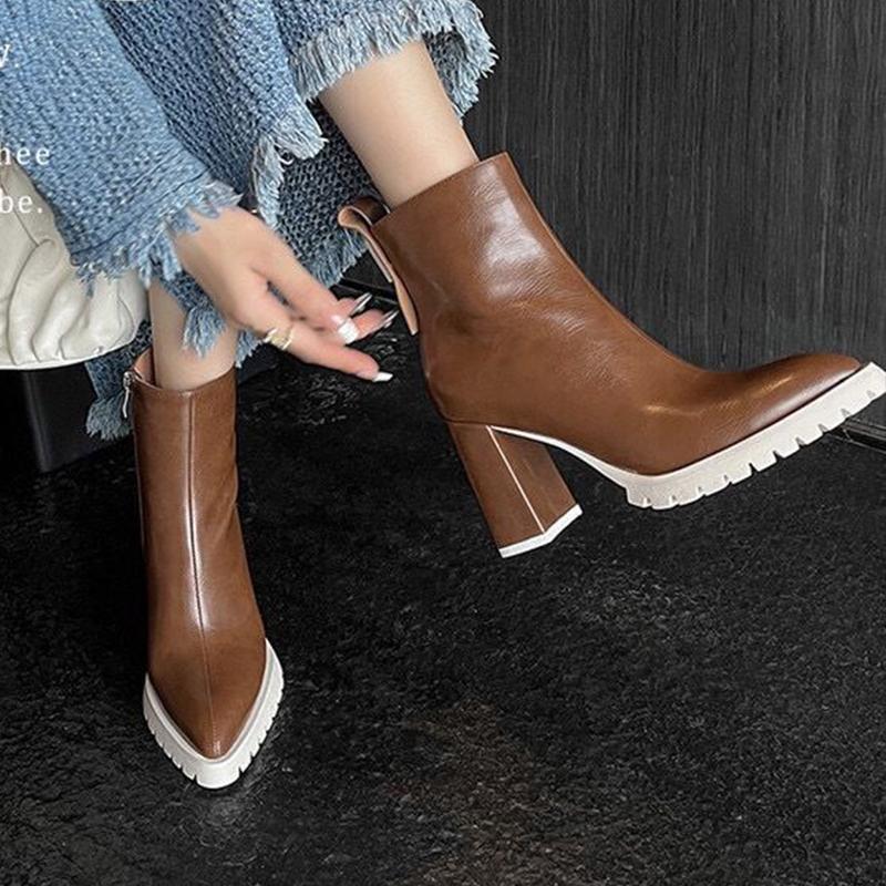 Spitze Zehenpartie Klobige Damen-Stiefeletten Sexy Leder High Heels Winterschuhe Trend Mode Goth Pumps Chelsea Botas De Mujer