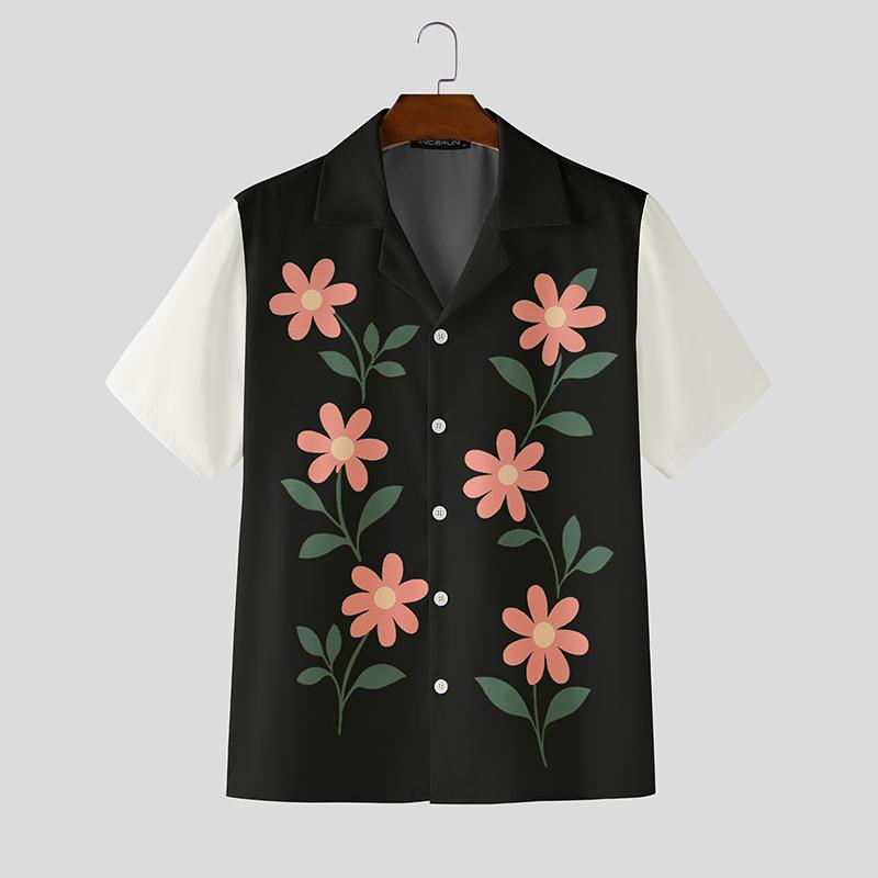 

INCERUN Men Lapel Neck Short Sleeve Button Down Floral Print Stitching Casual Shirts Tops 5XL чёрный