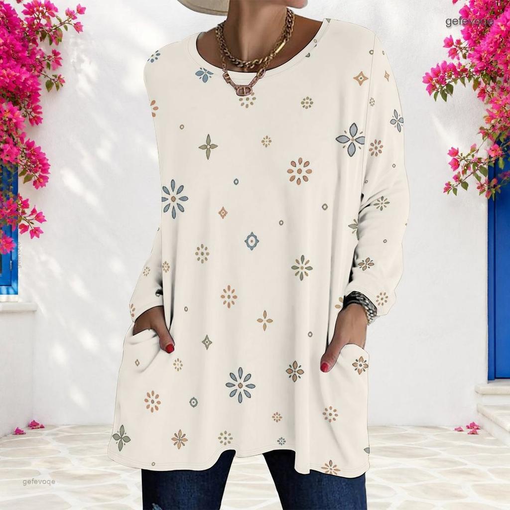 Women Plus Size Round Neck Long Sleeve Pink Purple Plaid Printed Loose Longline T Shirt With Pockets