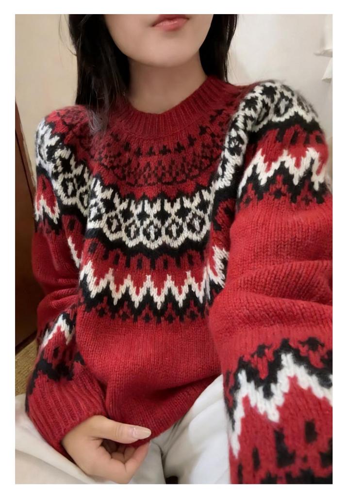 Red Jacquard Wool Pullover - Women's Cozy Round Neck Knit Sweater for Autumn/Winter