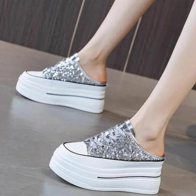 Neue Damen-Plateau-Slipper mit 7,5 cm hohem Blockabsatz, atmungsaktive Freizeitschuhe, leicht & bequem, Obermaterial aus Glitzerstoff