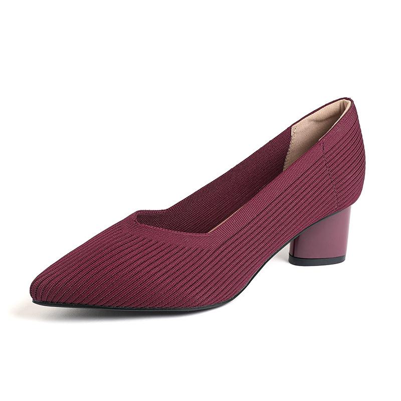 Fashion 2025 Pointed Toe Middle Heel Breathable Comfortable Knitted Shoes Women Shallow Mouth Chunky Heel Fashion Zapatos De Mujer Pumps