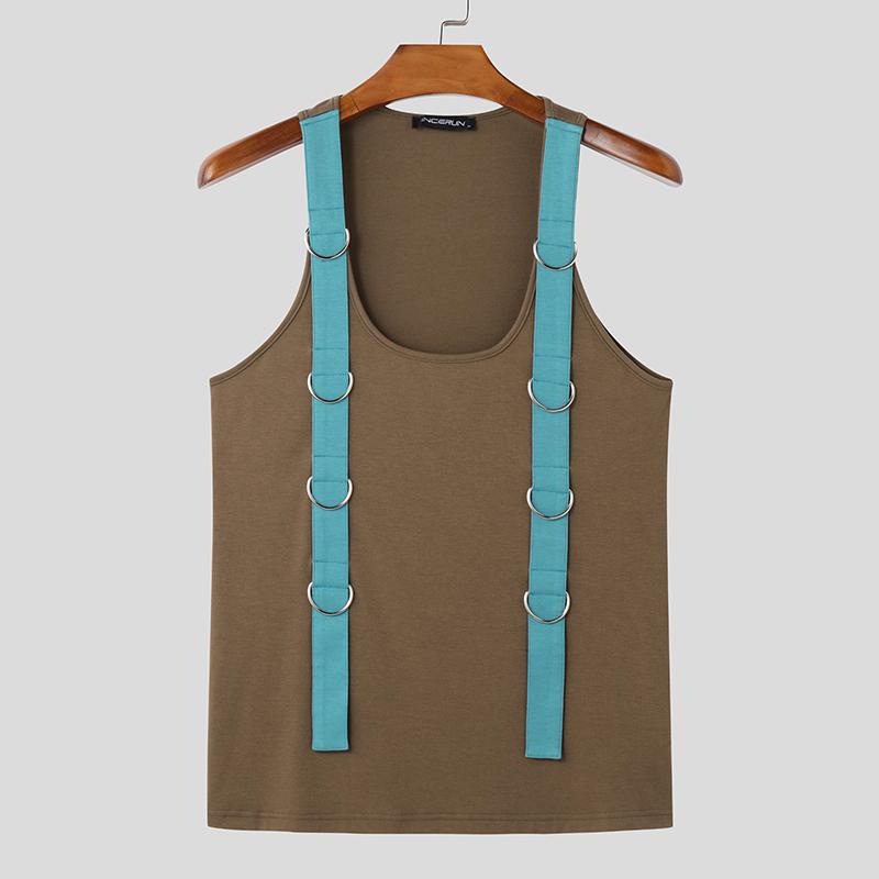 INCERUN Mens Summer Sleeveless Patchwork Strap Solid Color Casual Tank Tops