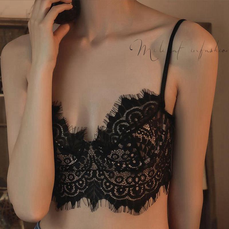 New French lace pure desire sexy back bra big chest small erotic small chest underwear summer thin women 32/70AB чёрный