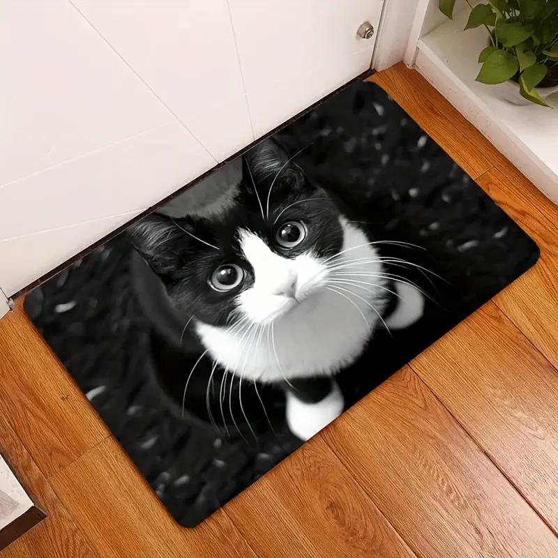 Black White Cat Door Mat Cute Kitten Face Pattern Entrance Rug Soft Non-Slip Animal Print Welcome Mat for Pet Lovers Home Decor