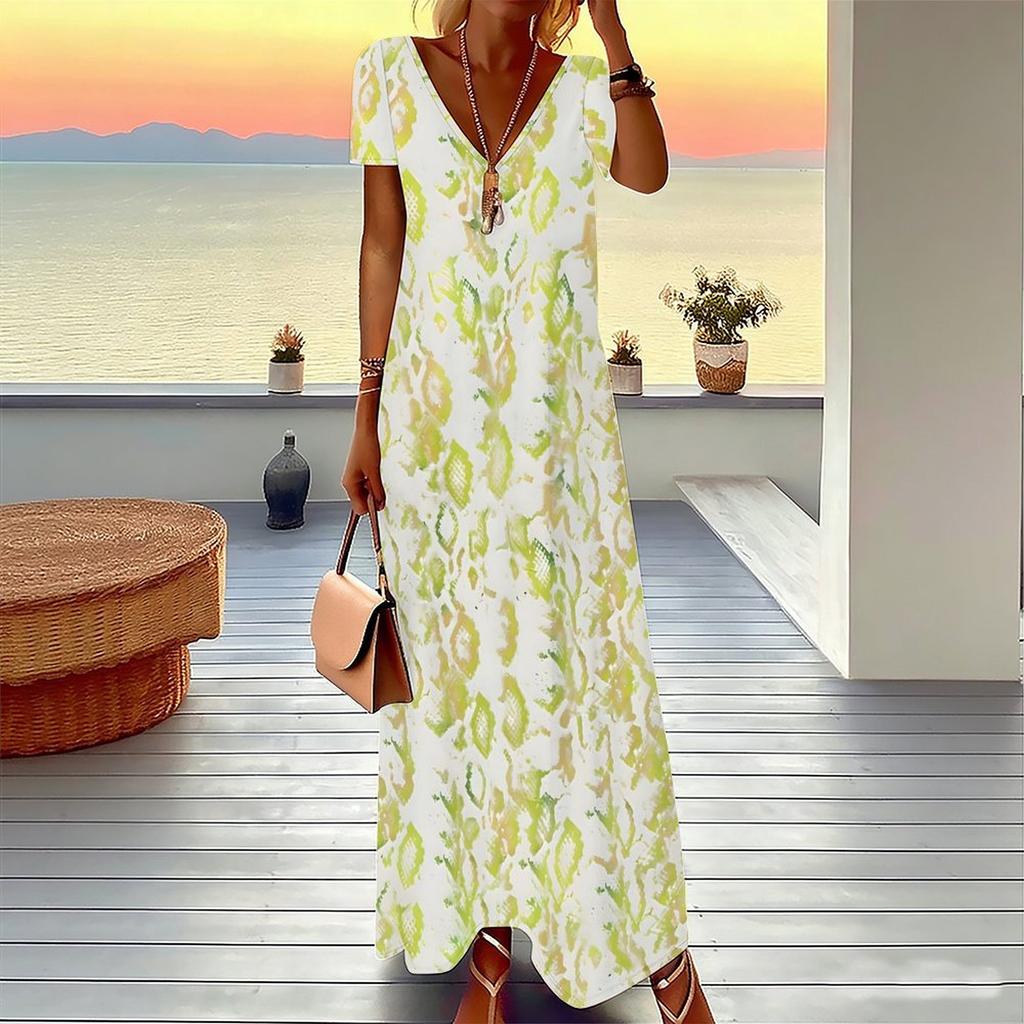 Women Plus Size V Neck Short Sleeve Maxi Dress Camouflage Print Loose Casual Summer Beach Long Dress