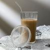 375ml Simple Stripe Glass Cup With Lid and Straw Transparent Juice Glass Tea Beer Can Mocha Milk Drink Cups Breakfast Coffee Mug