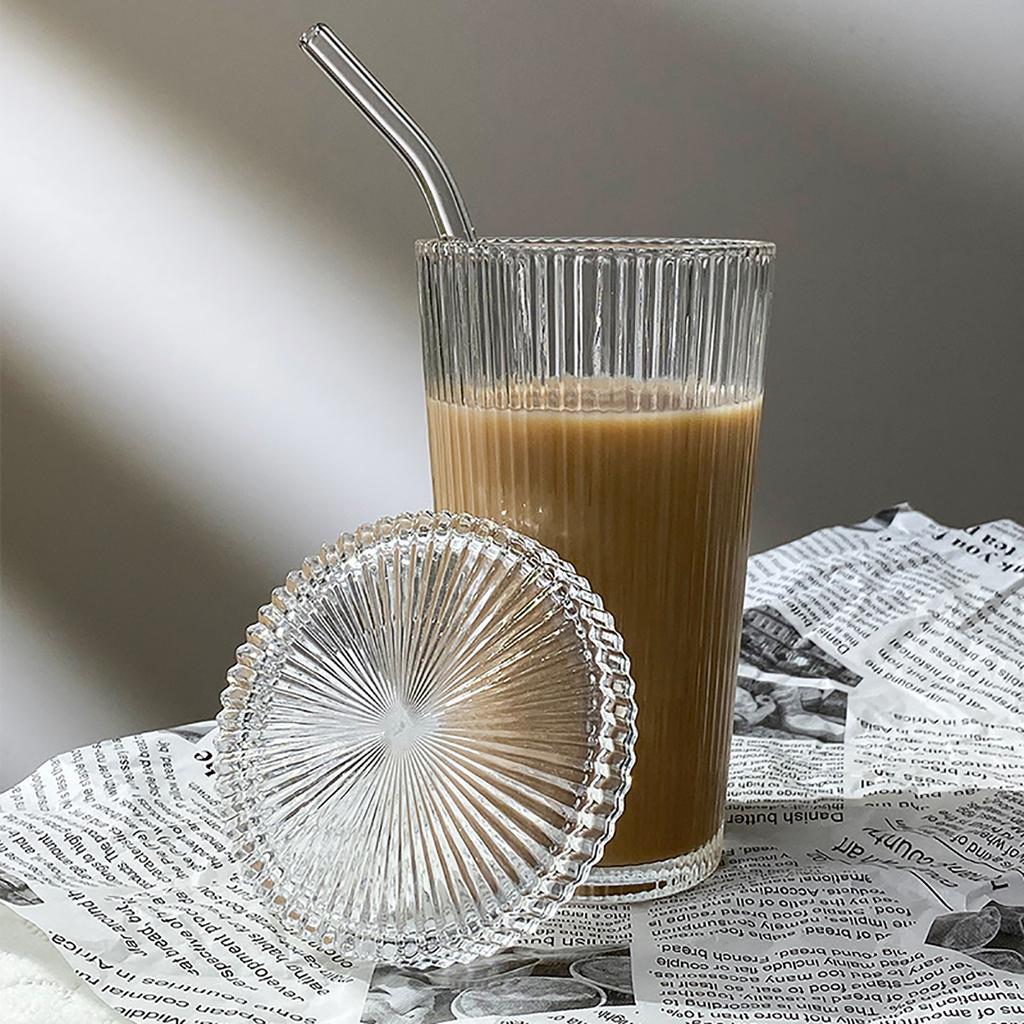 Ceașă de sticlă cu dungi simple, 375 ml, cu capac și paie, cu suc transparent, sticlă, ceai, bere, cutie, mocha, lapte, cești băuturi, cană de cafea pentru micul dejun