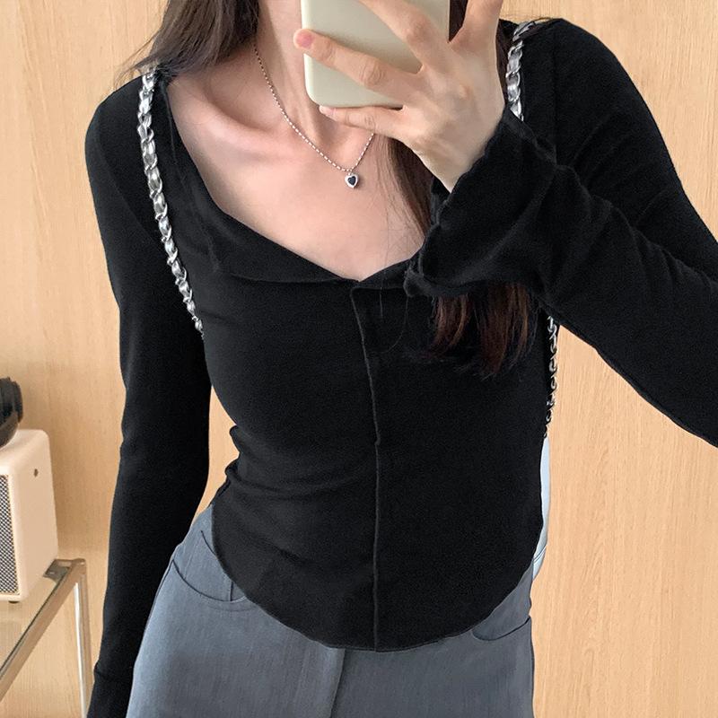 

Обтягивающая футболка с V-образным вырезом и длинными рукавами от Hot Girl для женщин. Осень. Новая утягивающая футболка. Мягкий и вощеный внутренний верх. XL