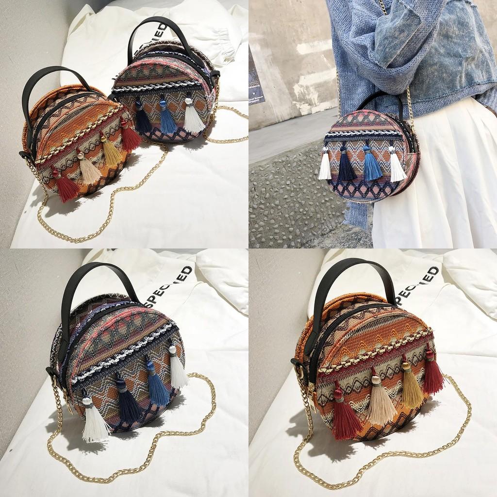 Korean Style Small Round Shoulder Bag With Chain Strap And Tassel For Girls