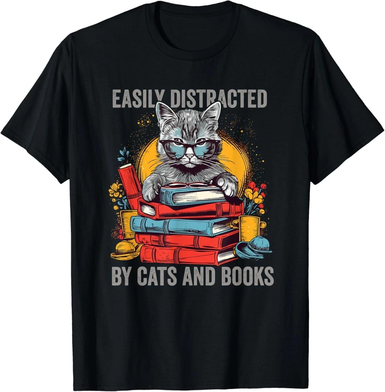 Easily Distracted by Cats and Books Book Lovers Tee Gift Unisex T-Shirt S