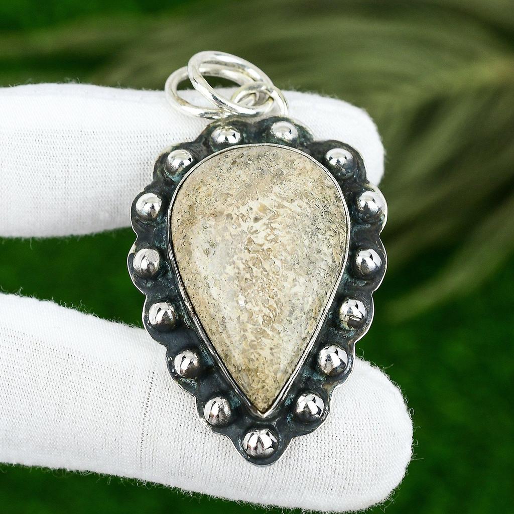 Fossil Coral Gemstone 925 Silver Art Deco Sister Root Chakra New Pendant Jewelry