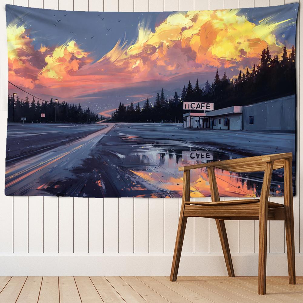 Arazzo da Parete Pittura a Olio Tramonto Cartone Animato Arte Moderna Minimalista Stile Bohemien Decorazione Camera da Letto Sfondo
