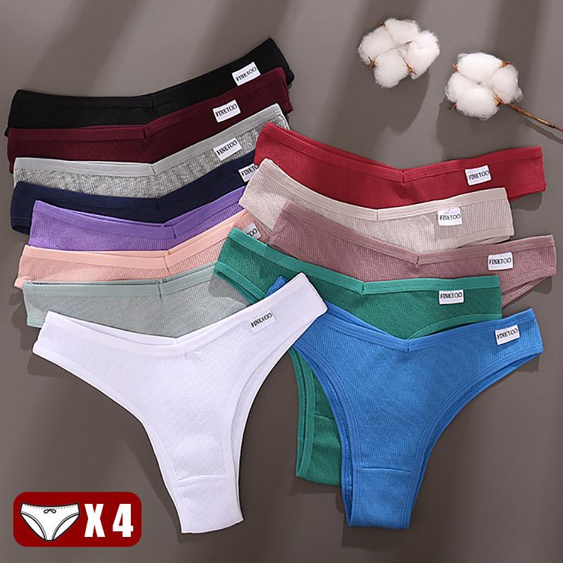 

4PCS Низкий рост Бразильские трусики Девушки Дышащее белье Женщины Сексуальные хлопковые трусики T-Back V-Талия Стринги Сплошные цвета Нижнее белье