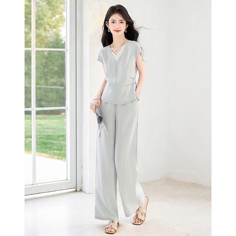 Women's V-Neck Short Sleeve Top & Casual Trousers Set