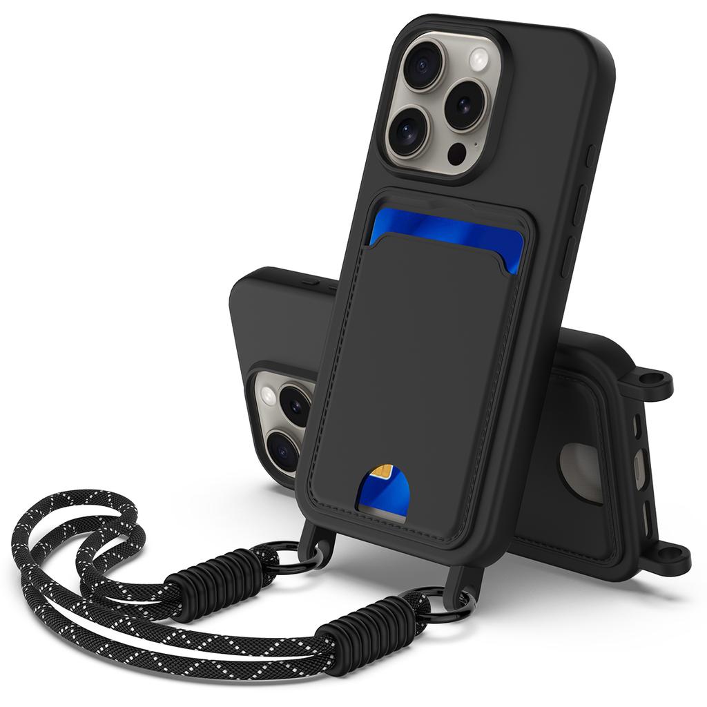 For iPhone 14 Pro Max Liquid Silicone Case Phone Back Cover with Card Holder and Short Strap