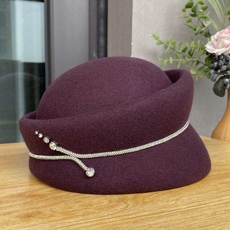 Autumn And Winter New Styling Beret Solid Color Versatile Elegant Celebrity High-End Top Hat Women'S Fashion Diamond Strip Equestrian Hat