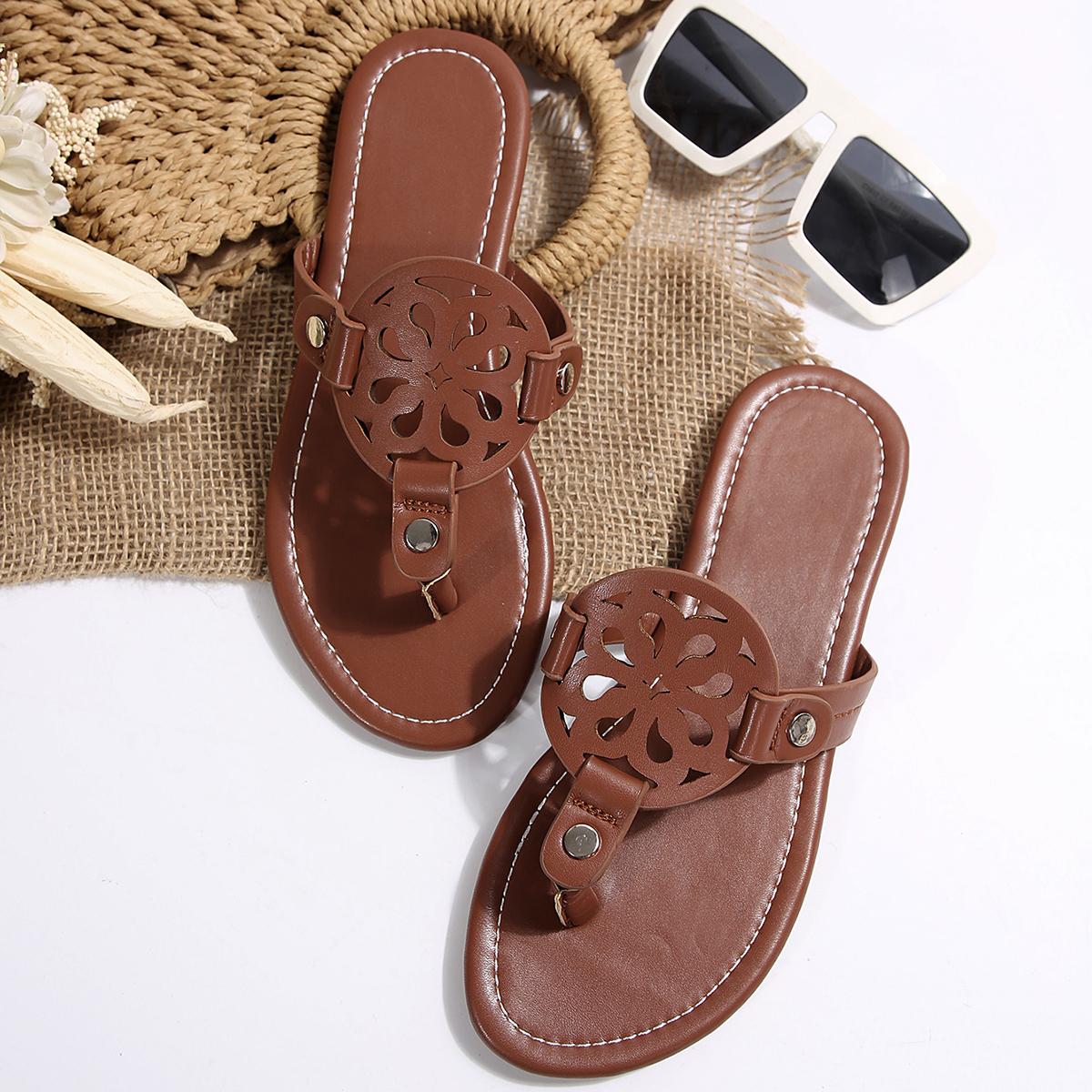 

Мода 2024 Лето Женские Сандалии Thong Slip On Мягкая Подошва Легкие Плоские Повседневные Нескользящие Шлепанцы 42 светло-коричневого