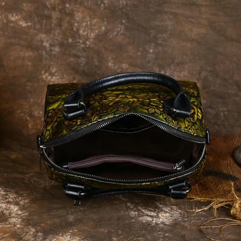Johnature Geprägte Muscheltasche Damen Vintage Echtleder Blumenhandtasche Vielseitige Schultertaschen aus Rindsleder