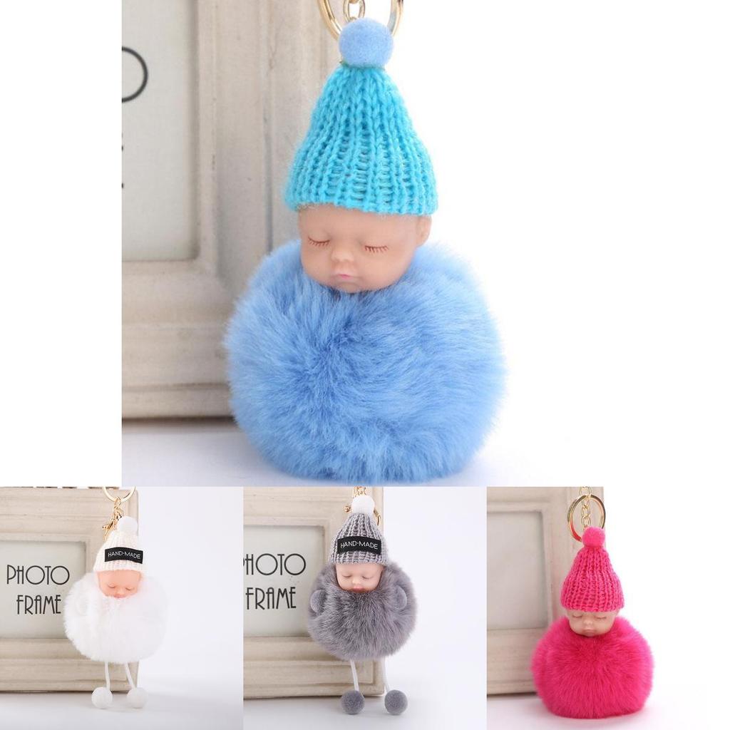 Entzückender schlafender Babypuppen-Schlüsselanhänger mit weichem künstlichem Kaninchenfell für Taschen und Schlüssel