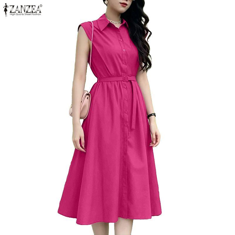 ZANZEA Women Casual Turn Down Collar Elegant Sleeveless Dress