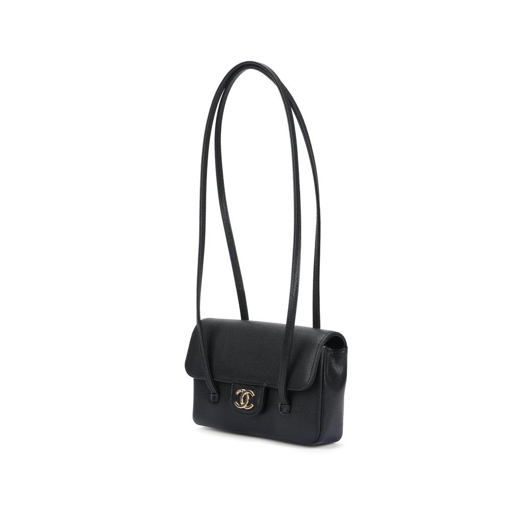 Chanel 26p Gold-Labeled Double C Logo Long Handle Grain Embossed Glossy Calfskin With Gold Metal Handheld Shoulder Bag Mini Female Black