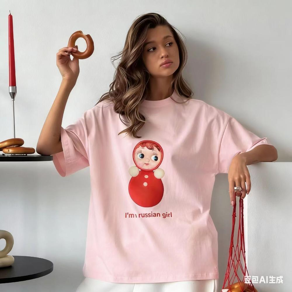

Pink Matryoshka Doll Print Women s T-Shirt, Casual and Stylish Round Neck Short Sleeve T-Shirt XXS