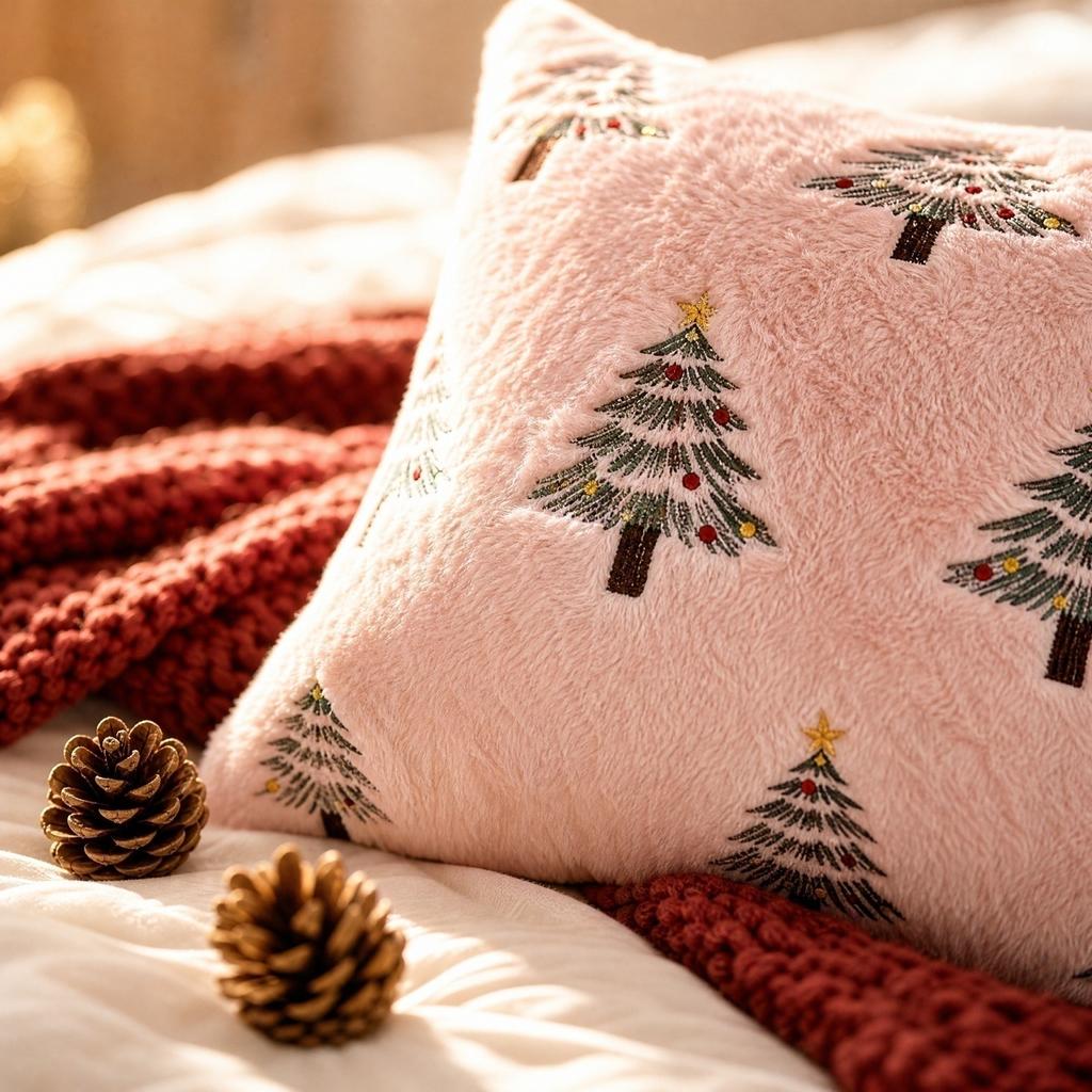 Christmas Embroidered Cover with Lights Pattern, 45 Cm Square Throw Case for Holiday Home Decor