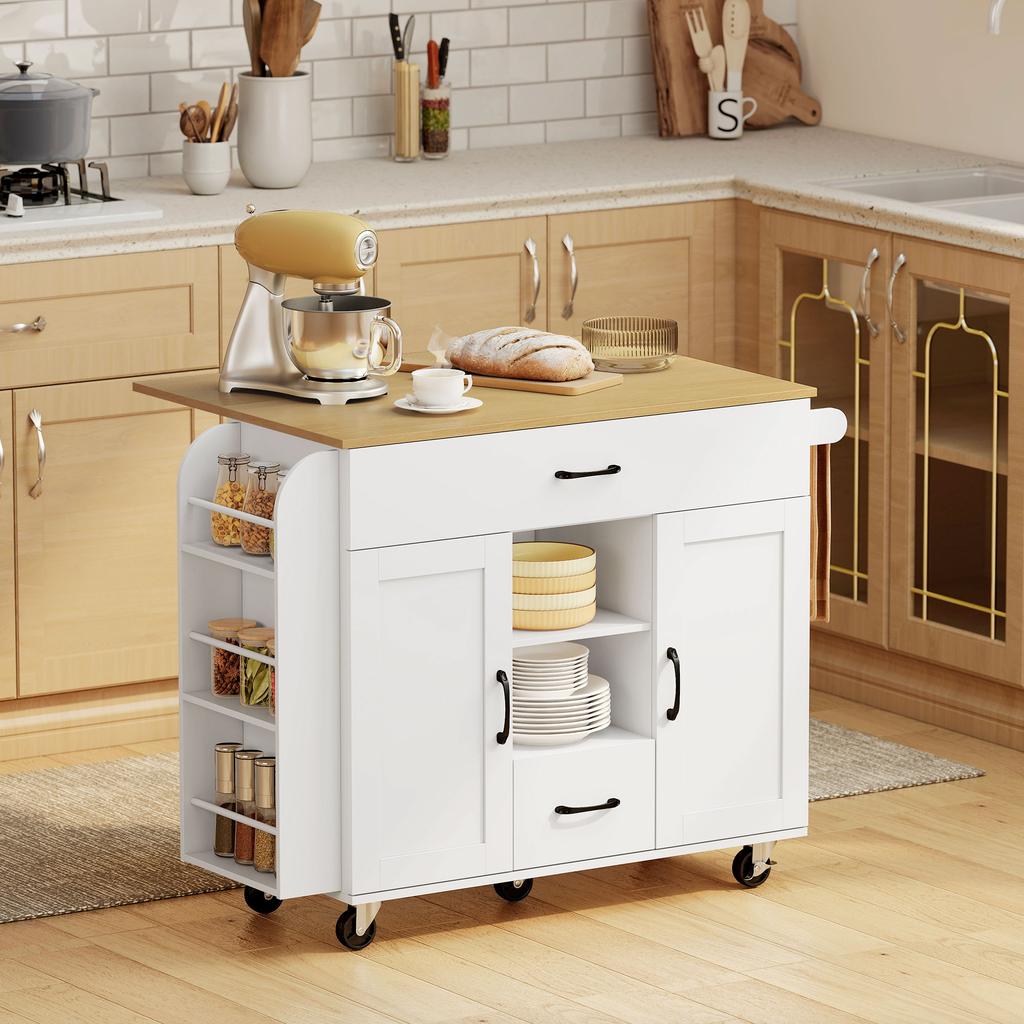 Rolling Kitchen Island, Fold-Out Worktop, Soft-Close Cabinet Doors, Drawers, Towel Holder, MDF, White